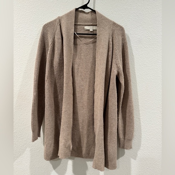 LOFT Cream Wool Blend Knit Open Front Longline Cardigan Sweater Size Medium - Picture 1 of 14